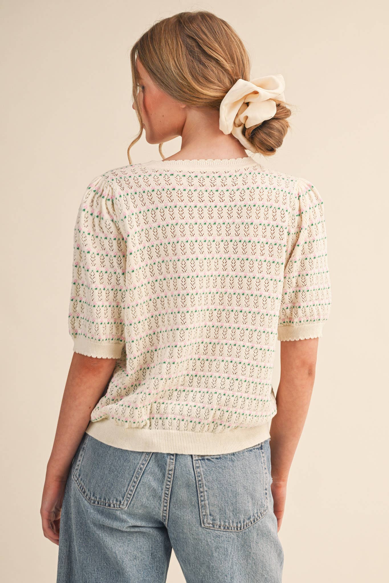 &Merci POINTELLE SHORT PUFF SLEEVE BUTTON DOWN SWEATER MSW11254 - Luxe EQ
