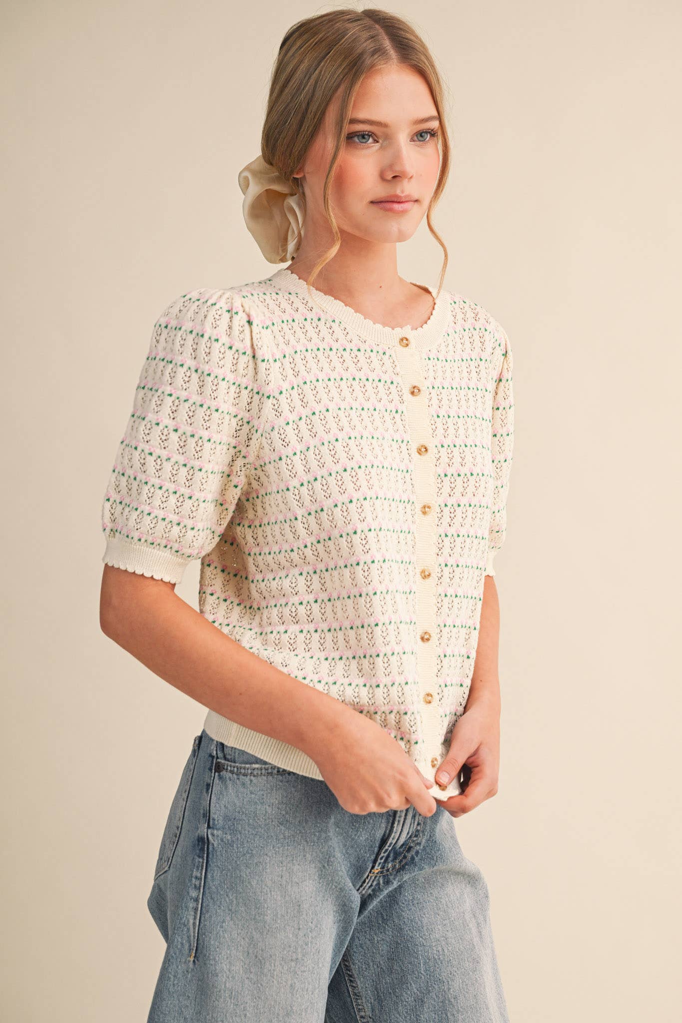 &Merci POINTELLE SHORT PUFF SLEEVE BUTTON DOWN SWEATER MSW11254 - Luxe EQ