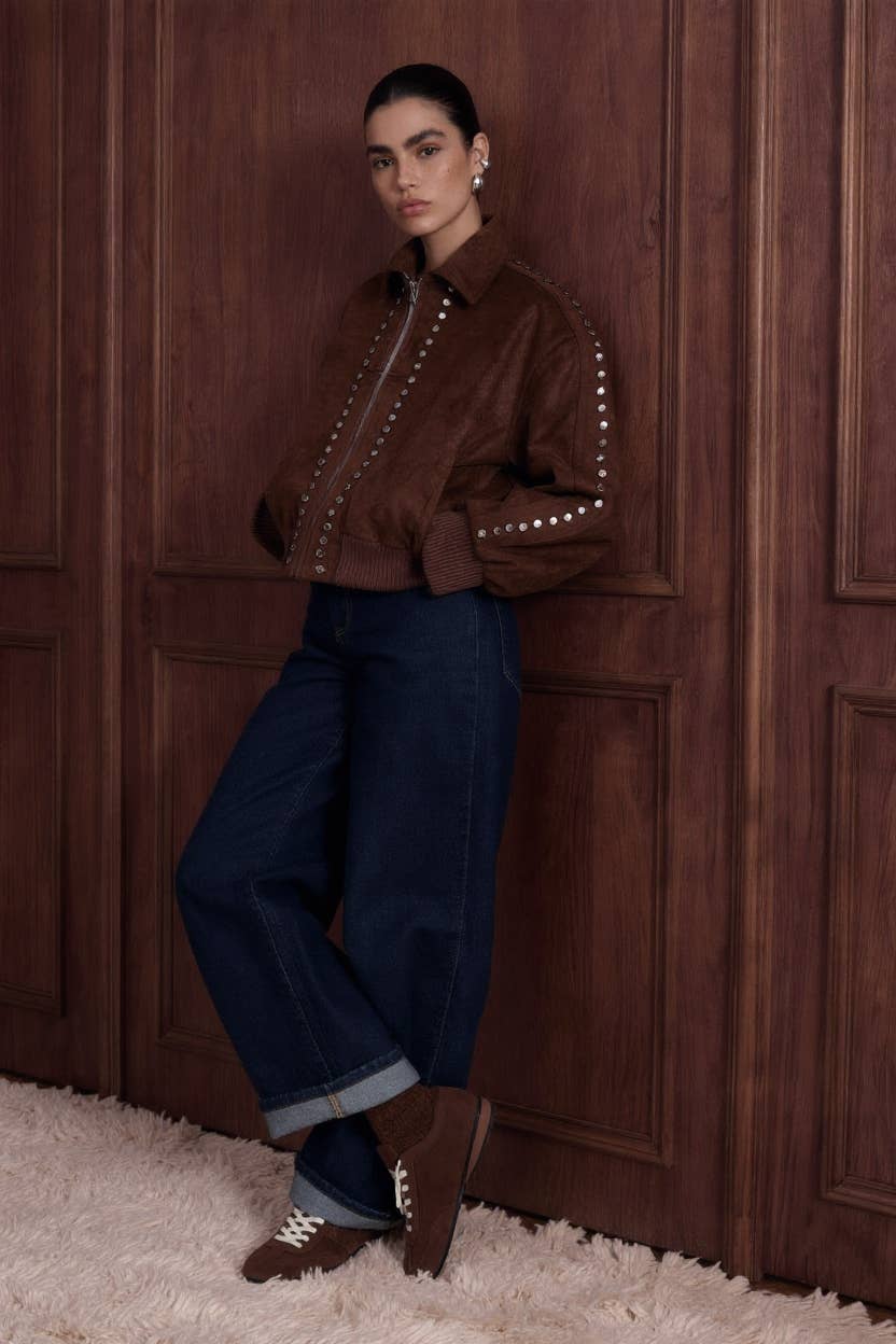 Studded Suede Bomber Jacket - Luxe EQ