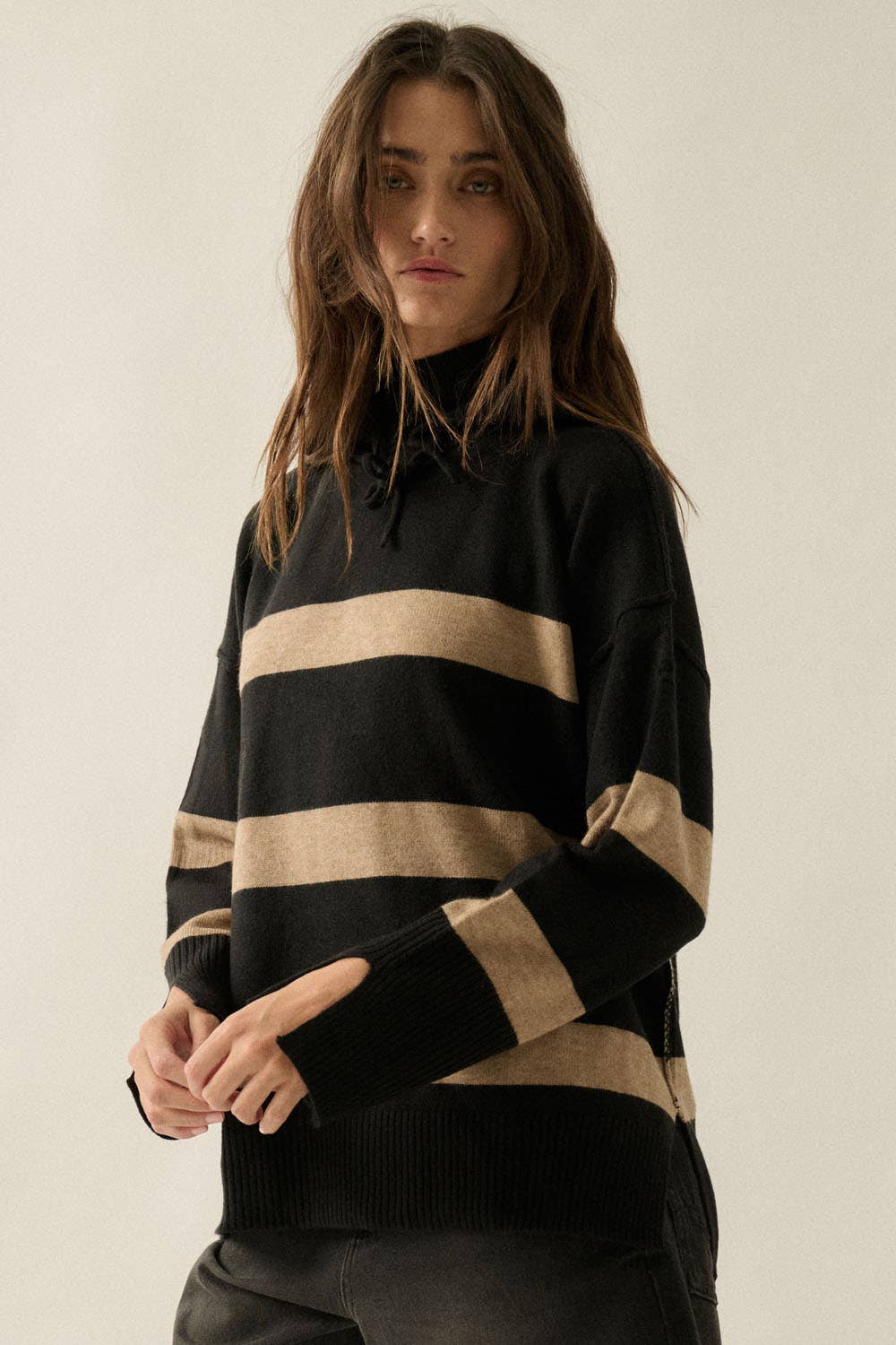 Striped Knit Hooded Mock-Neck High-Low Sweater - Luxe EQ