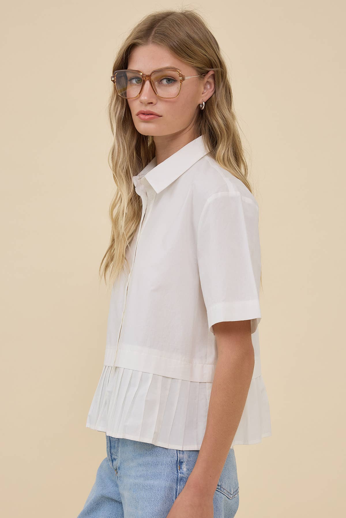 Pleated Hem Short Sleeve Shirt Top - RT1242