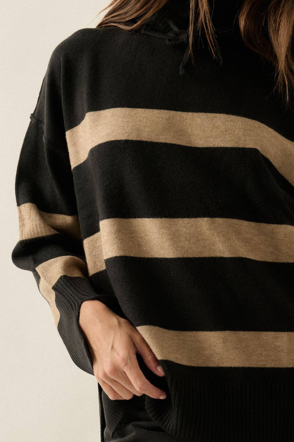 Striped Knit Hooded Mock-Neck High-Low Sweater - Luxe EQ