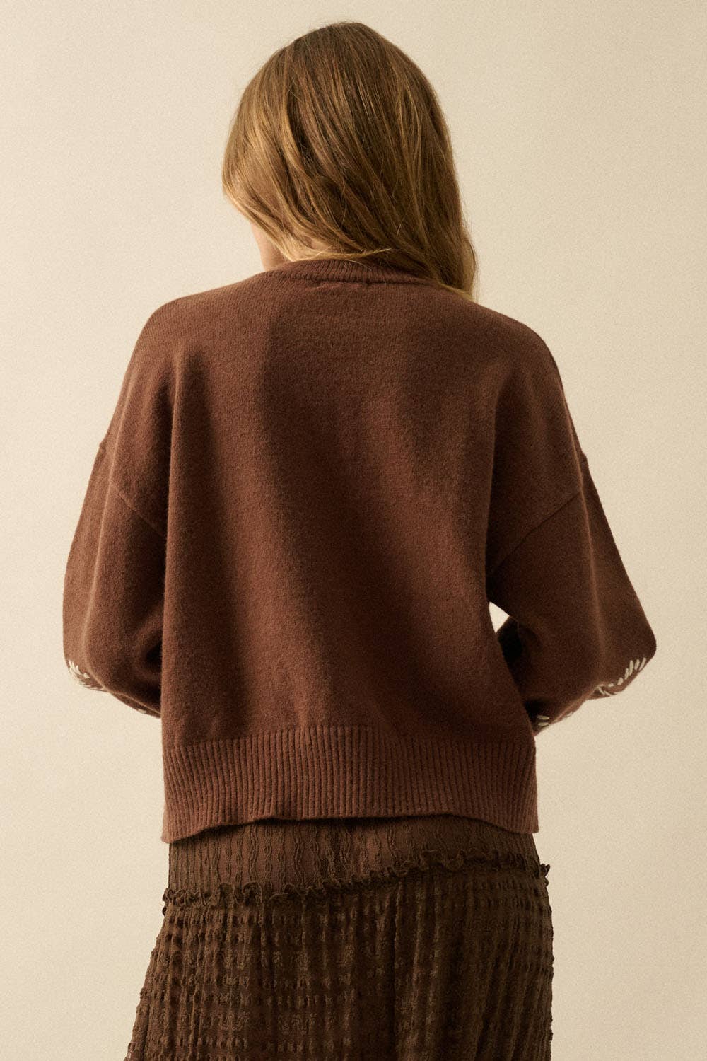 Solid Bow-Embroidered Bubble-Sleeve Sweater