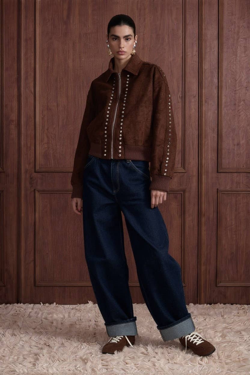 Studded Suede Bomber Jacket - Luxe EQ