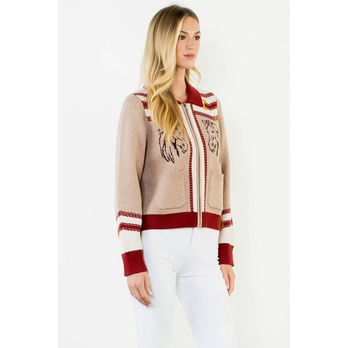 Zipper Front Horse Print Cardigan - Luxe EQ