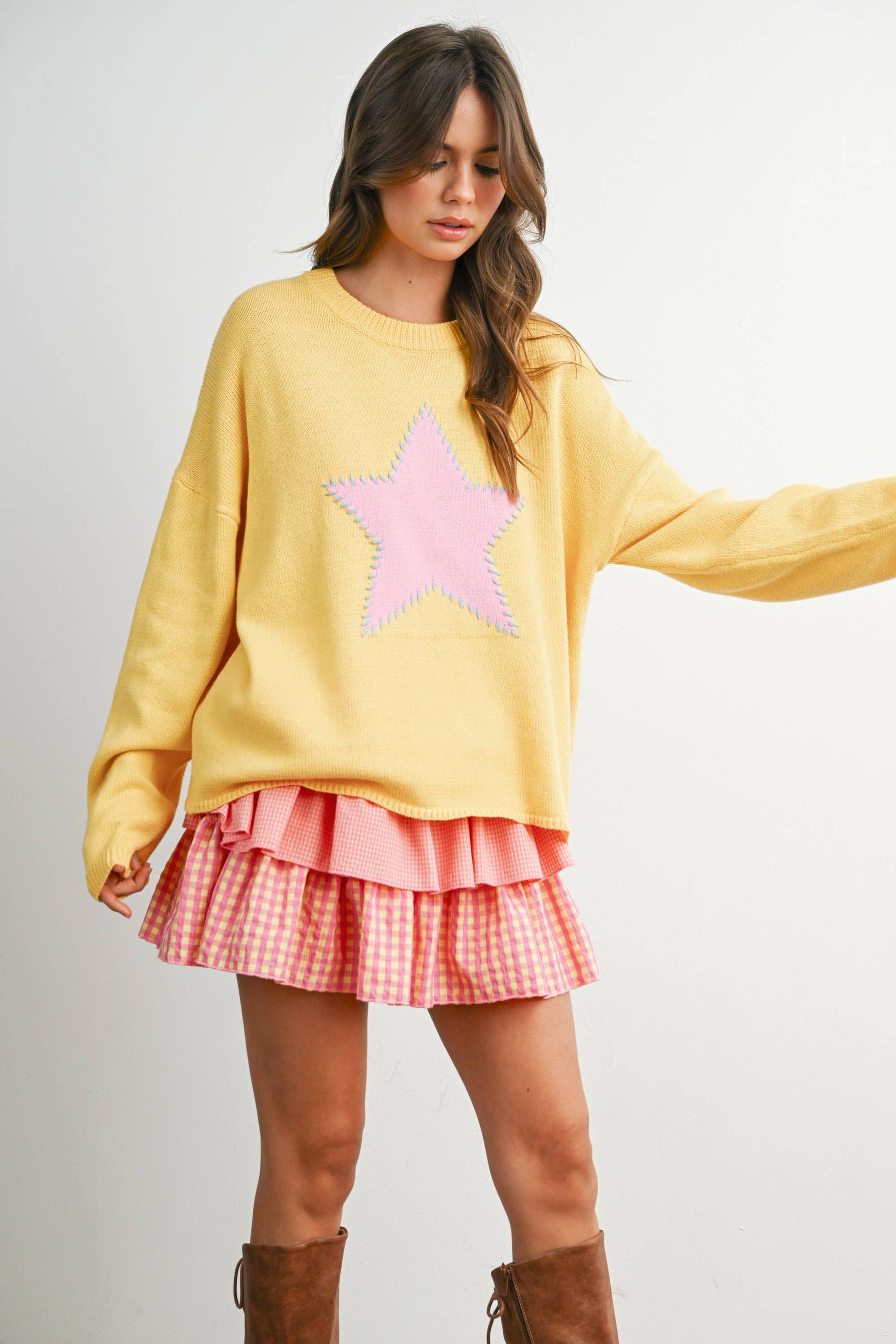 Buttermelon Drop Shoulder Star Pattern Sweater - Luxe EQ