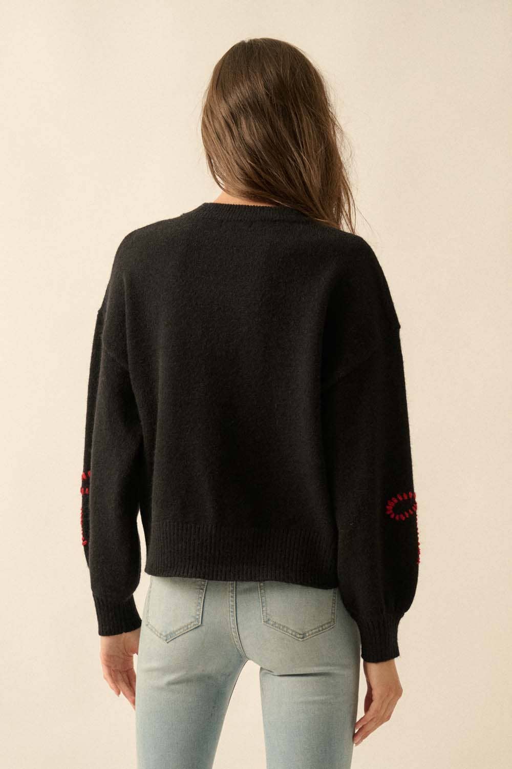 Solid Bow-Embroidered Bubble-Sleeve Sweater