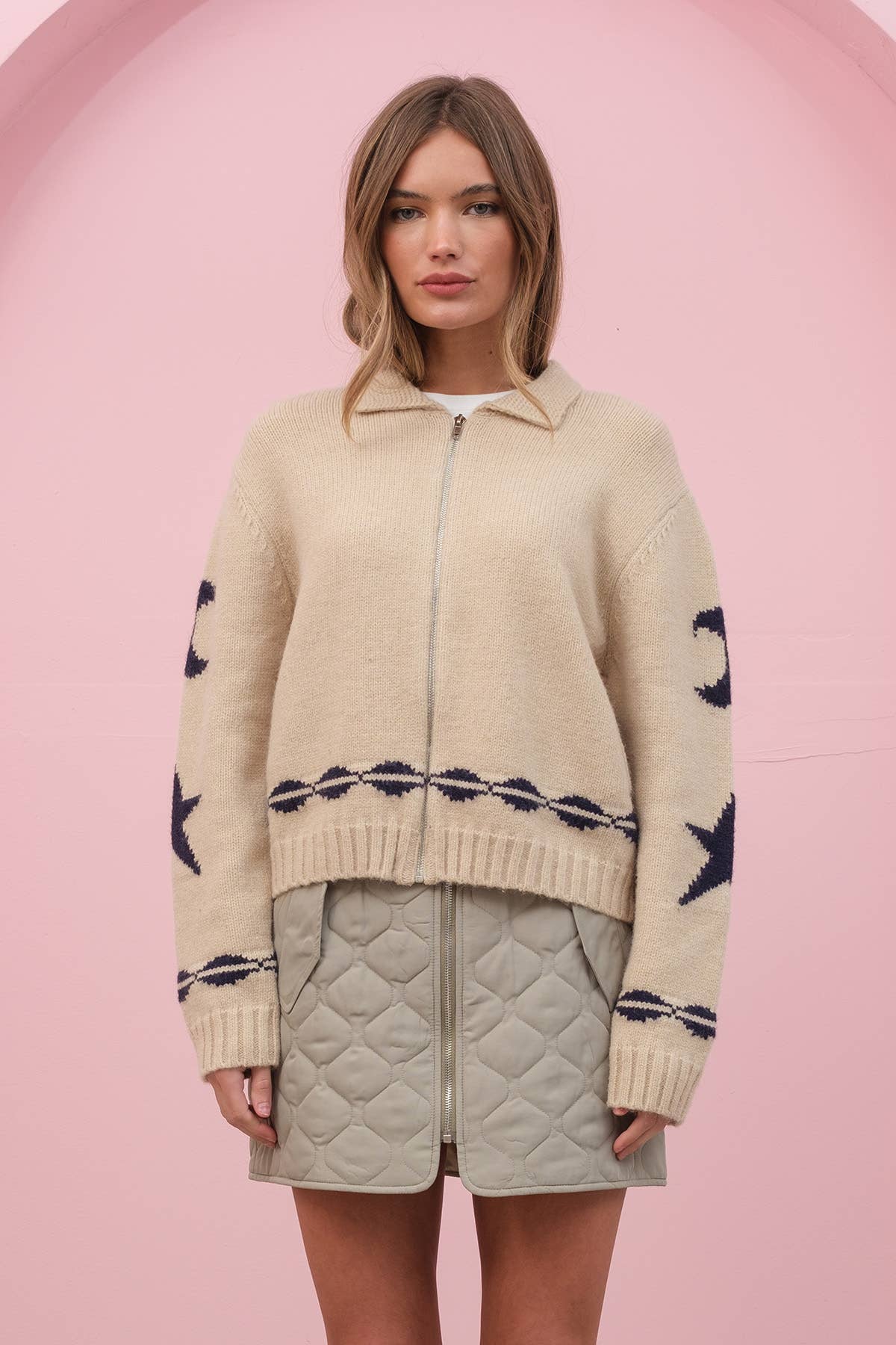 Cozy STAR AND MOON Pattern Zip Sweater Jacket-RSW1001 - Luxe EQ