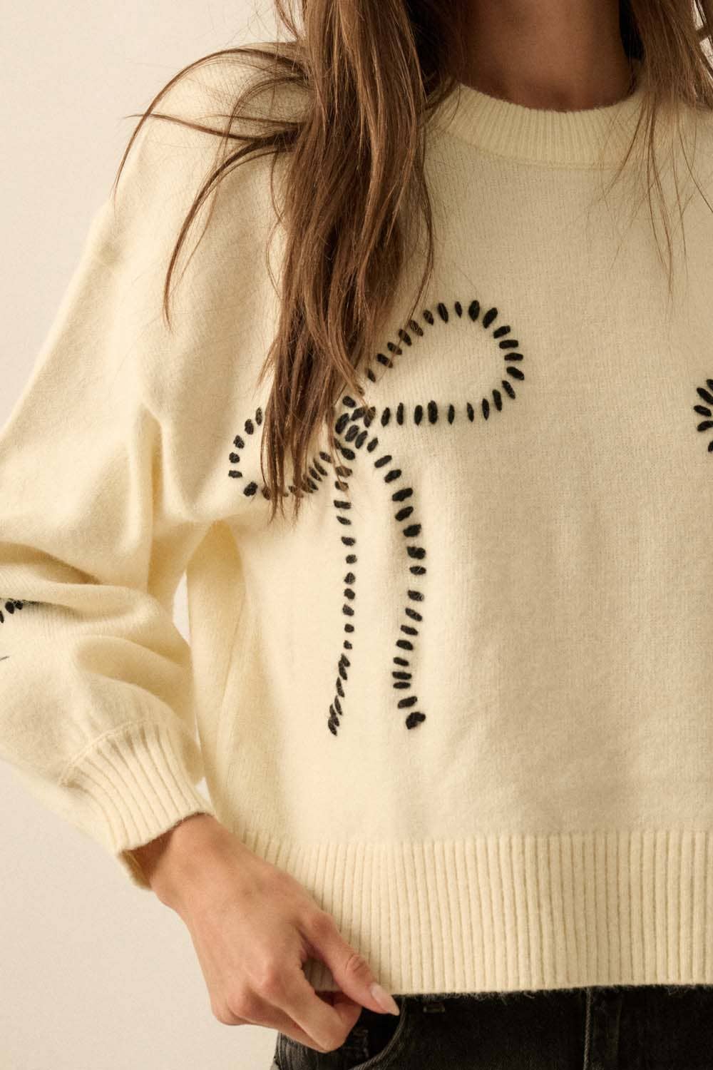 Solid Bow-Embroidered Bubble-Sleeve Sweater