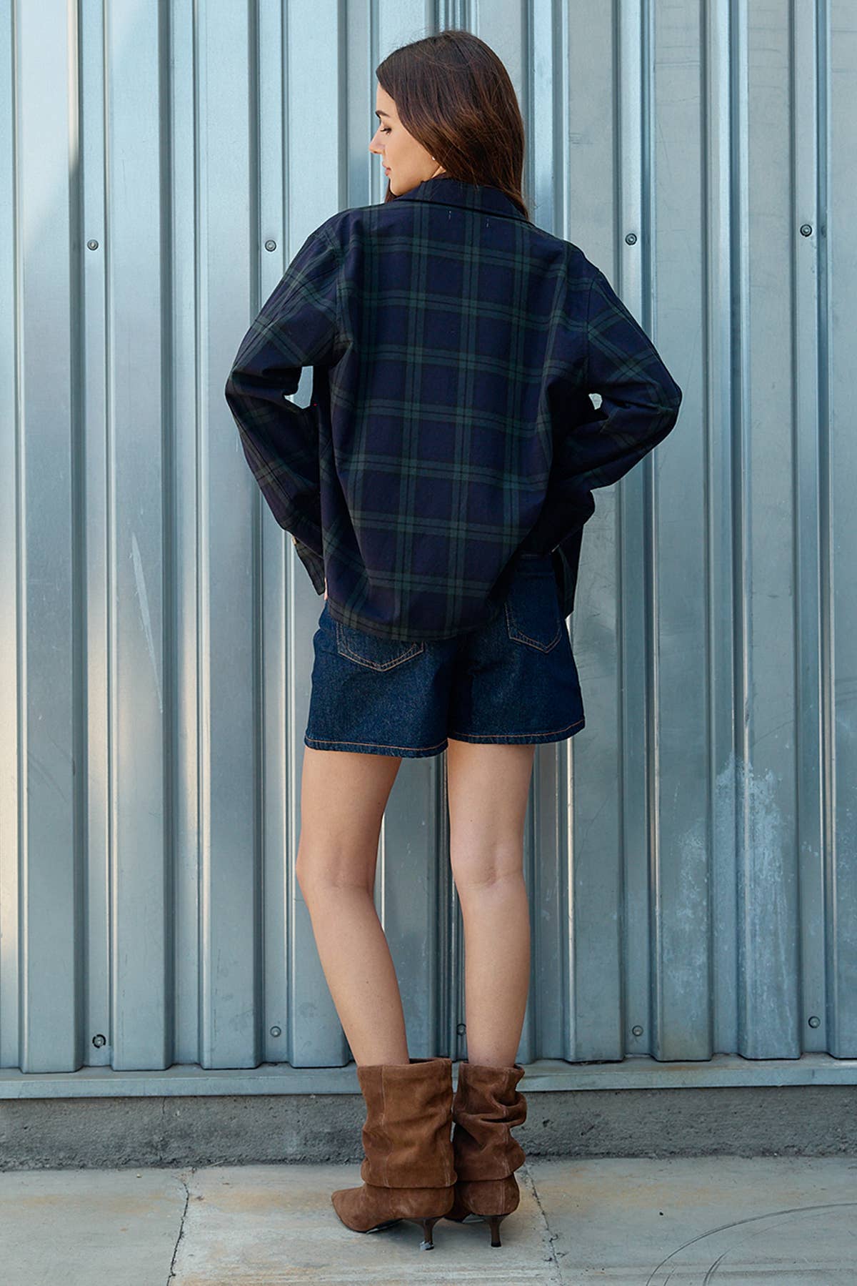 Navy Plaid Button Front Pocket Jacket - RJ1176 - Luxe EQ