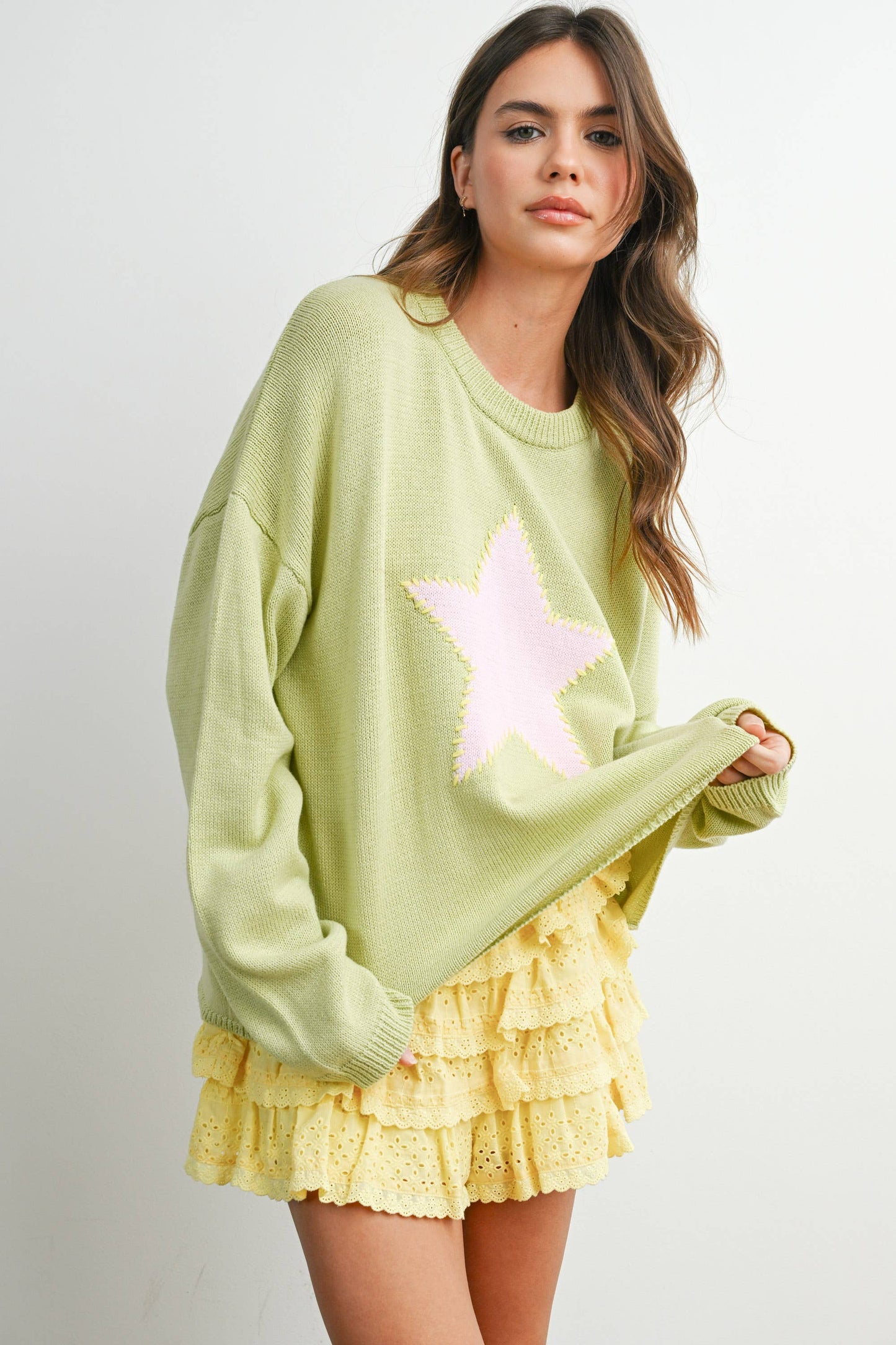 Buttermelon Drop Shoulder Star Pattern Sweater - Luxe EQ