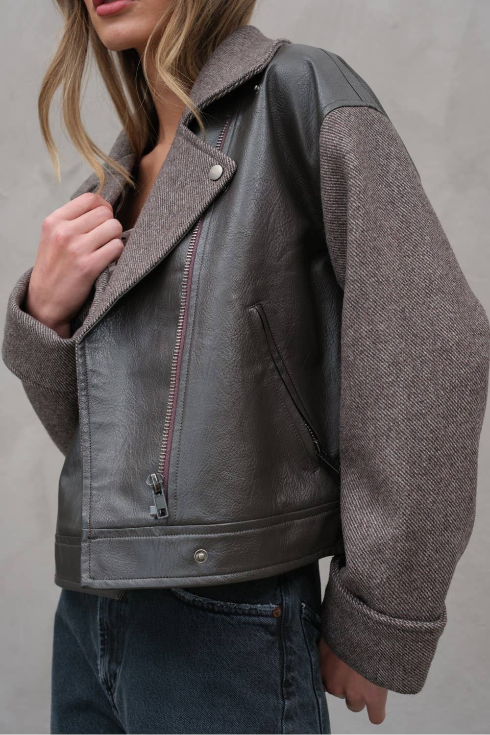 Herringbone Leather Combi Jacket - RJ1017