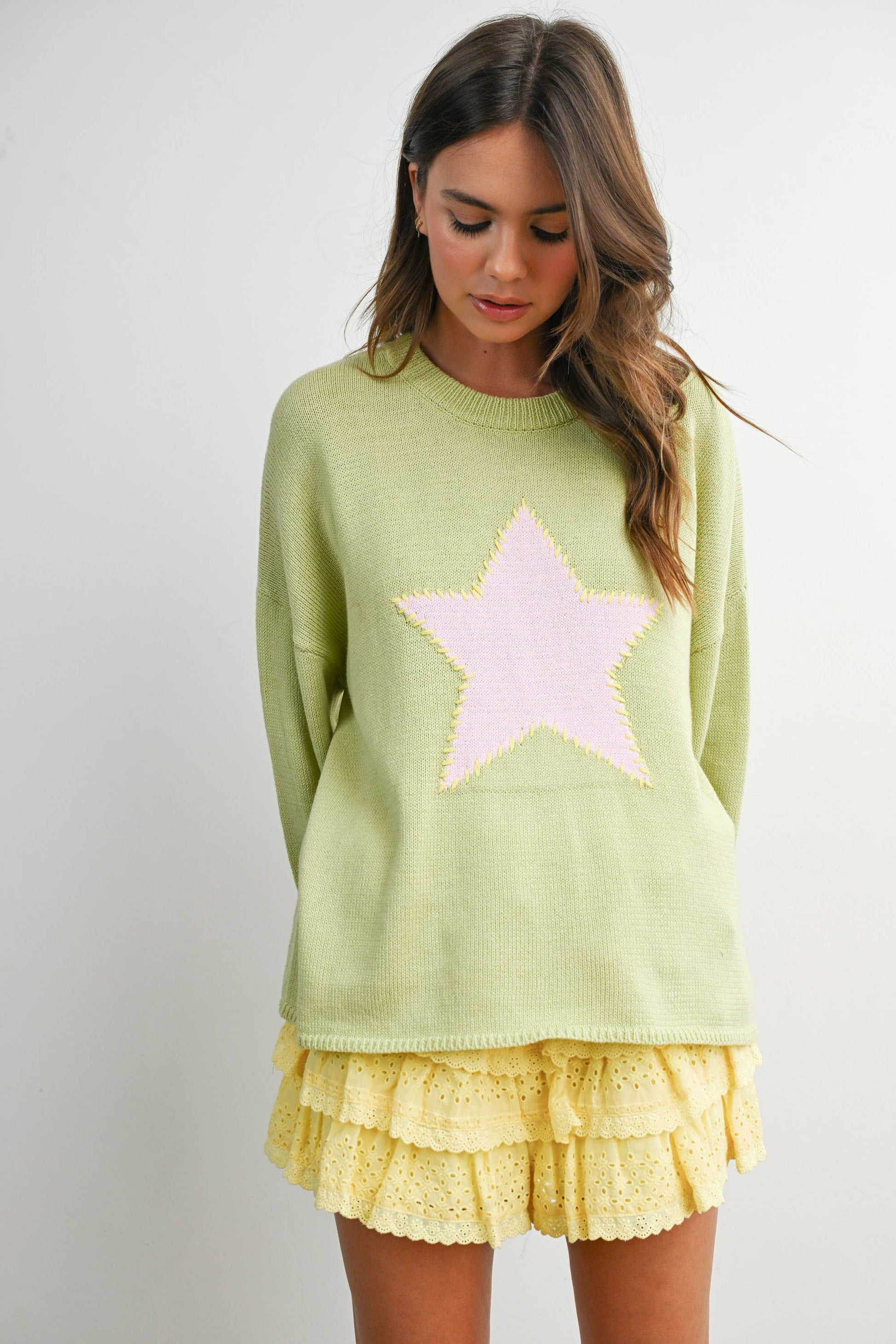Buttermelon Drop Shoulder Star Pattern Sweater - Luxe EQ