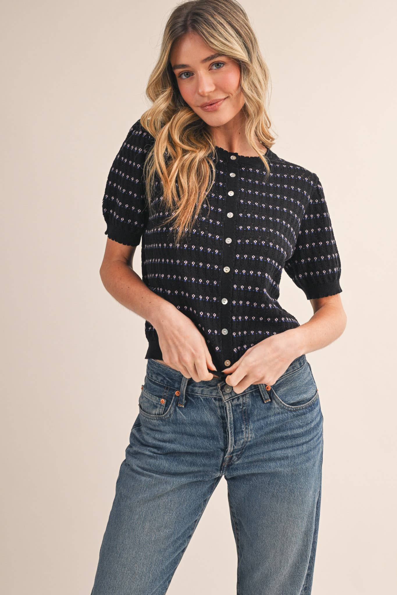 &Merci POINTELLE SHORT PUFF SLEEVE BUTTON DOWN SWEATER MSW11254 - Luxe EQ