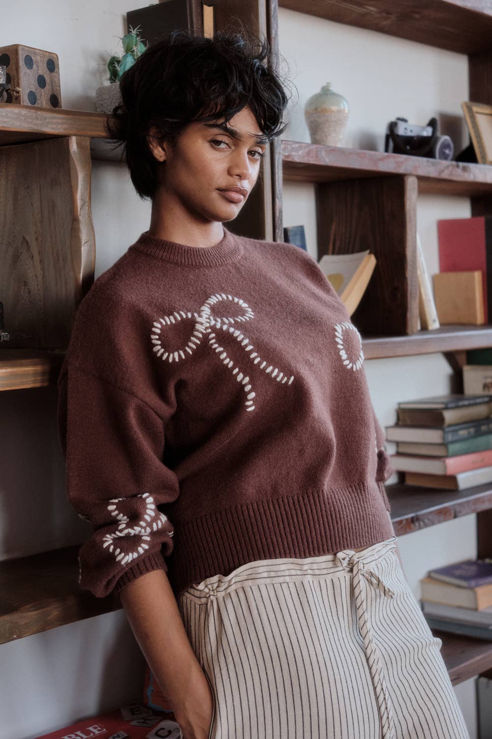 Solid Bow-Embroidered Bubble-Sleeve Sweater