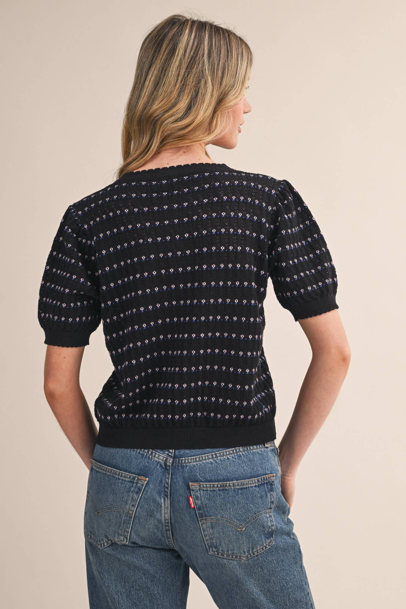 &Merci POINTELLE SHORT PUFF SLEEVE BUTTON DOWN SWEATER MSW11254 - Luxe EQ