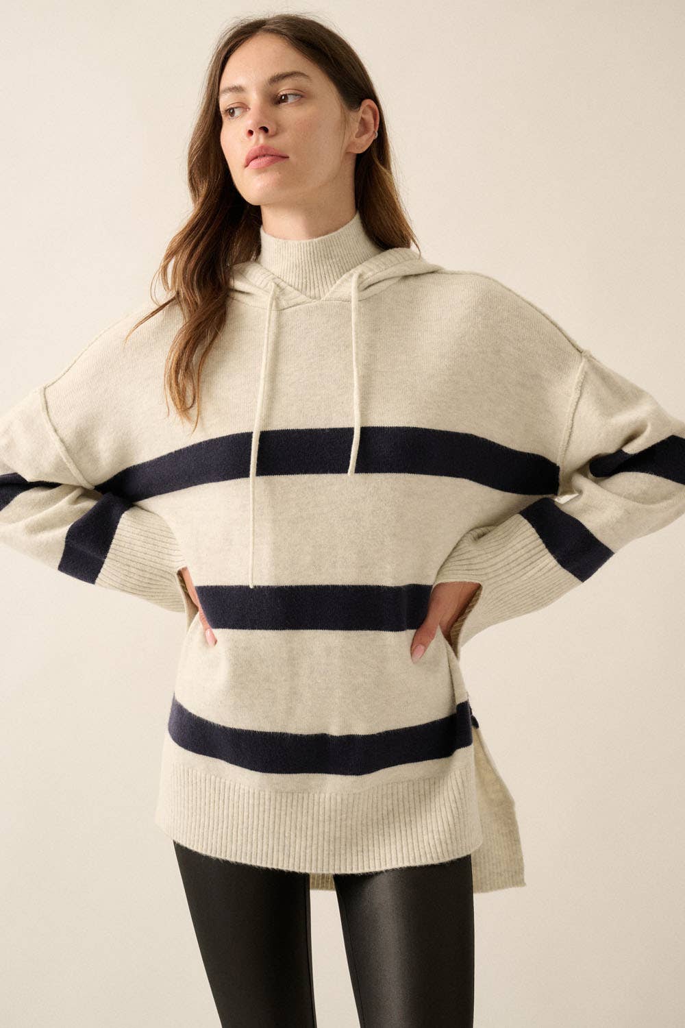 Striped Knit Hooded Mock-Neck High-Low Sweater - Luxe EQ