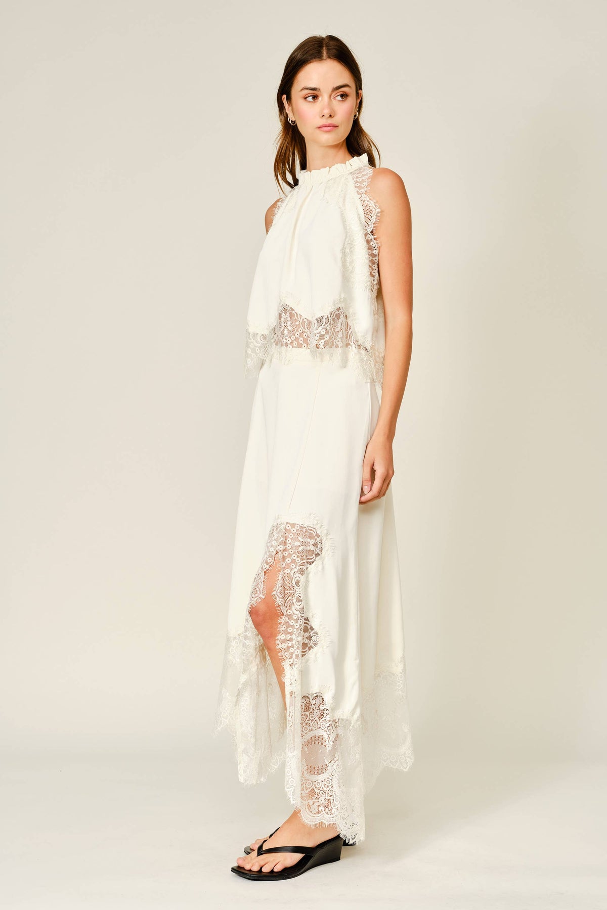 LACE TRIM RUFFLE NECK BLOUSE TOP