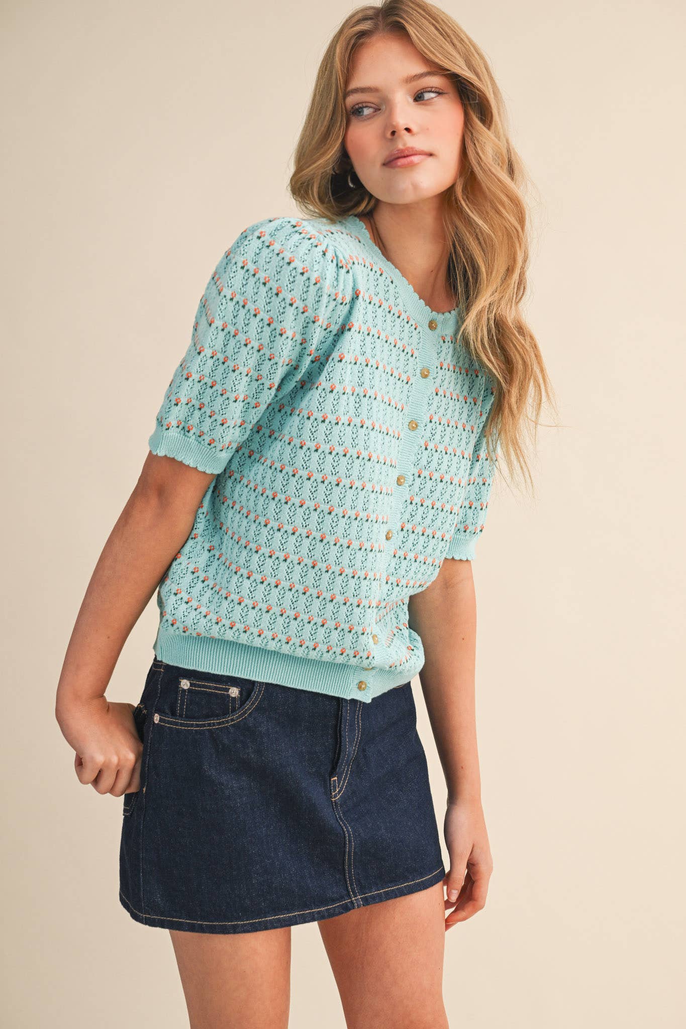 &Merci POINTELLE SHORT PUFF SLEEVE BUTTON DOWN SWEATER MSW11254 - Luxe EQ