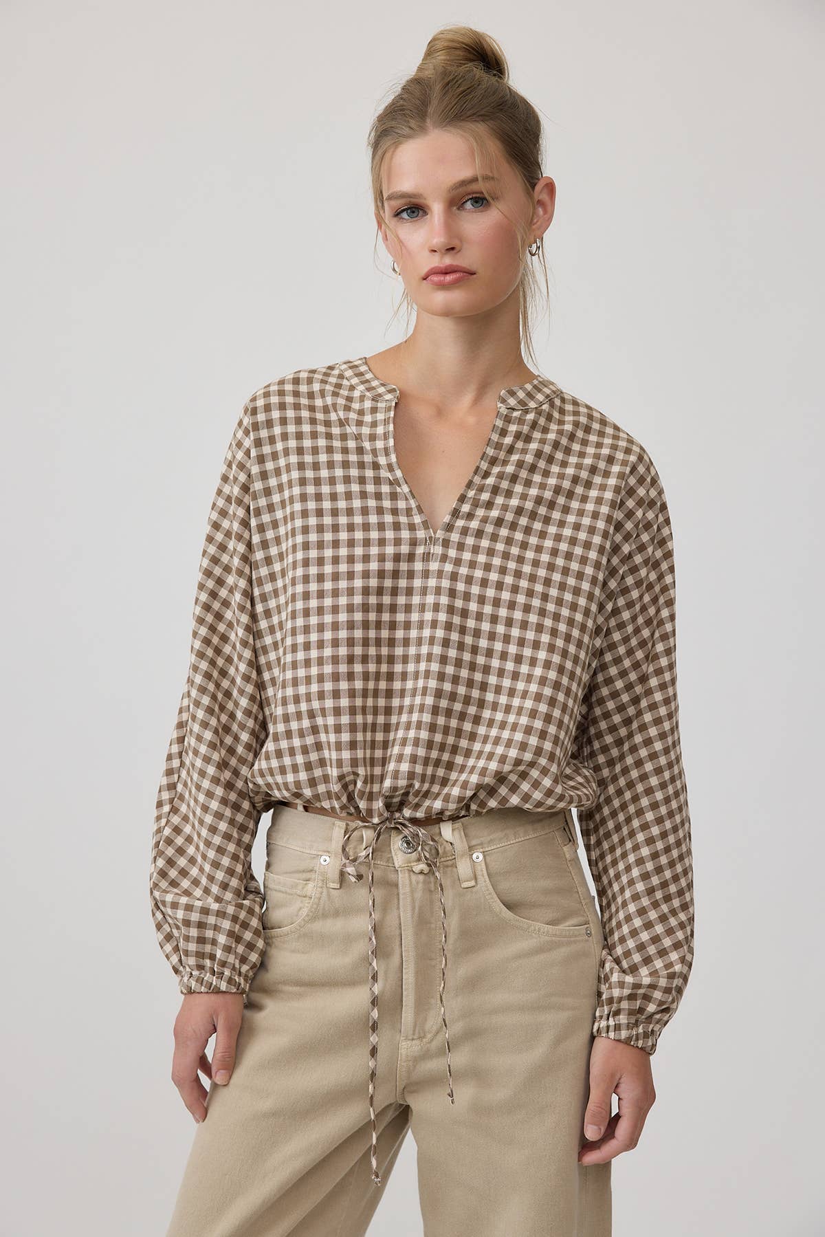 Gingham Check Drawstring Blouse - RT1328