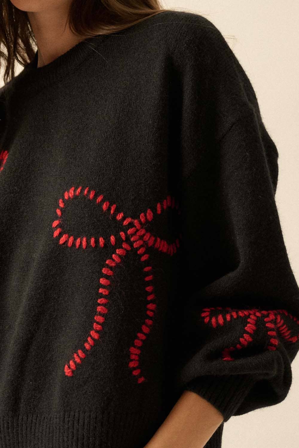 Solid Bow-Embroidered Bubble-Sleeve Sweater