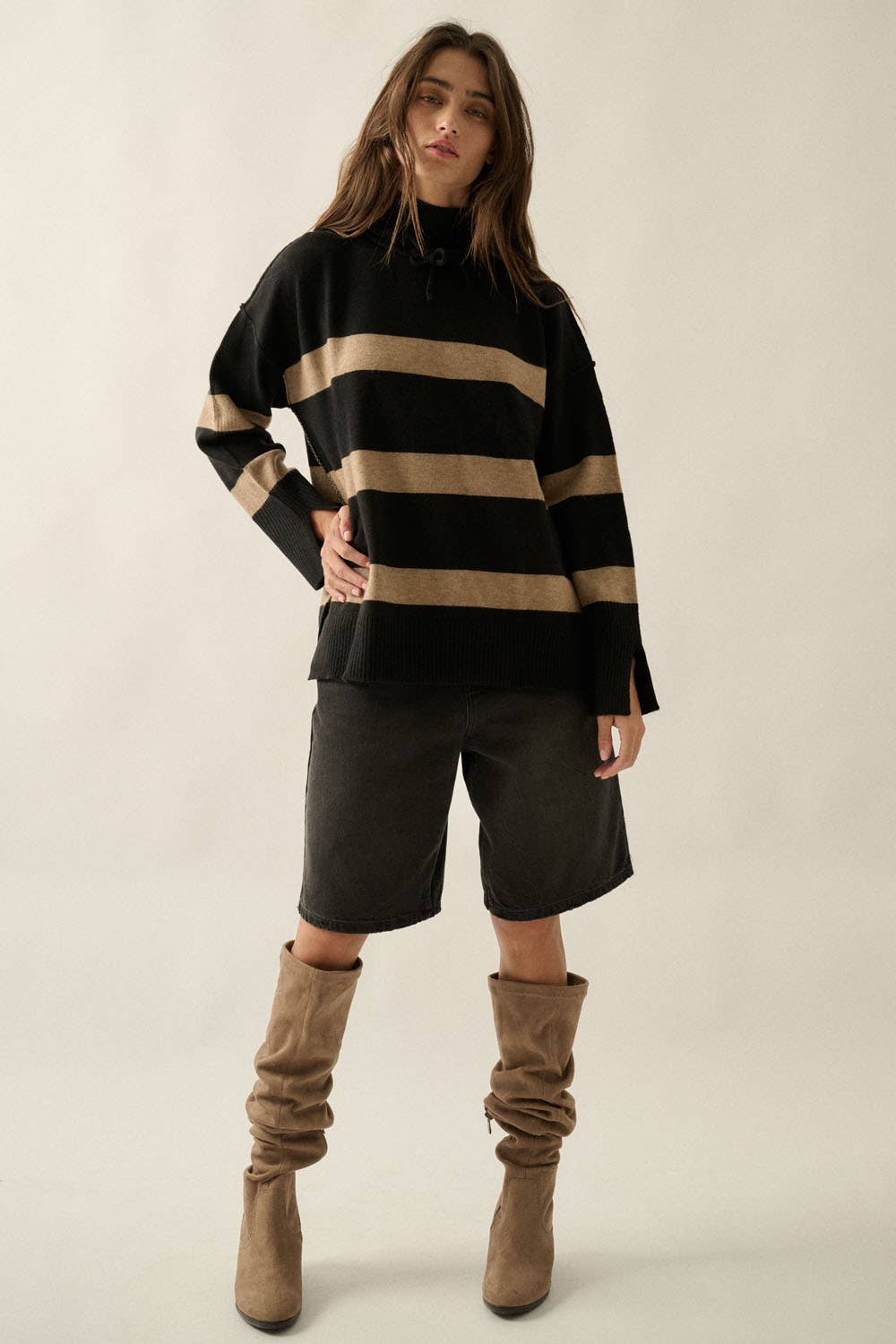 Striped Knit Hooded Mock-Neck High-Low Sweater - Luxe EQ