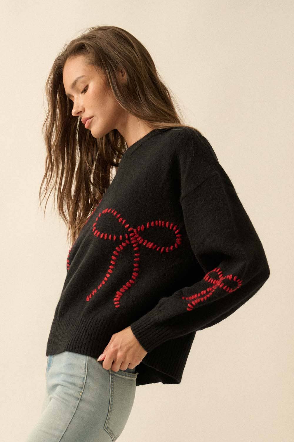 Solid Bow-Embroidered Bubble-Sleeve Sweater