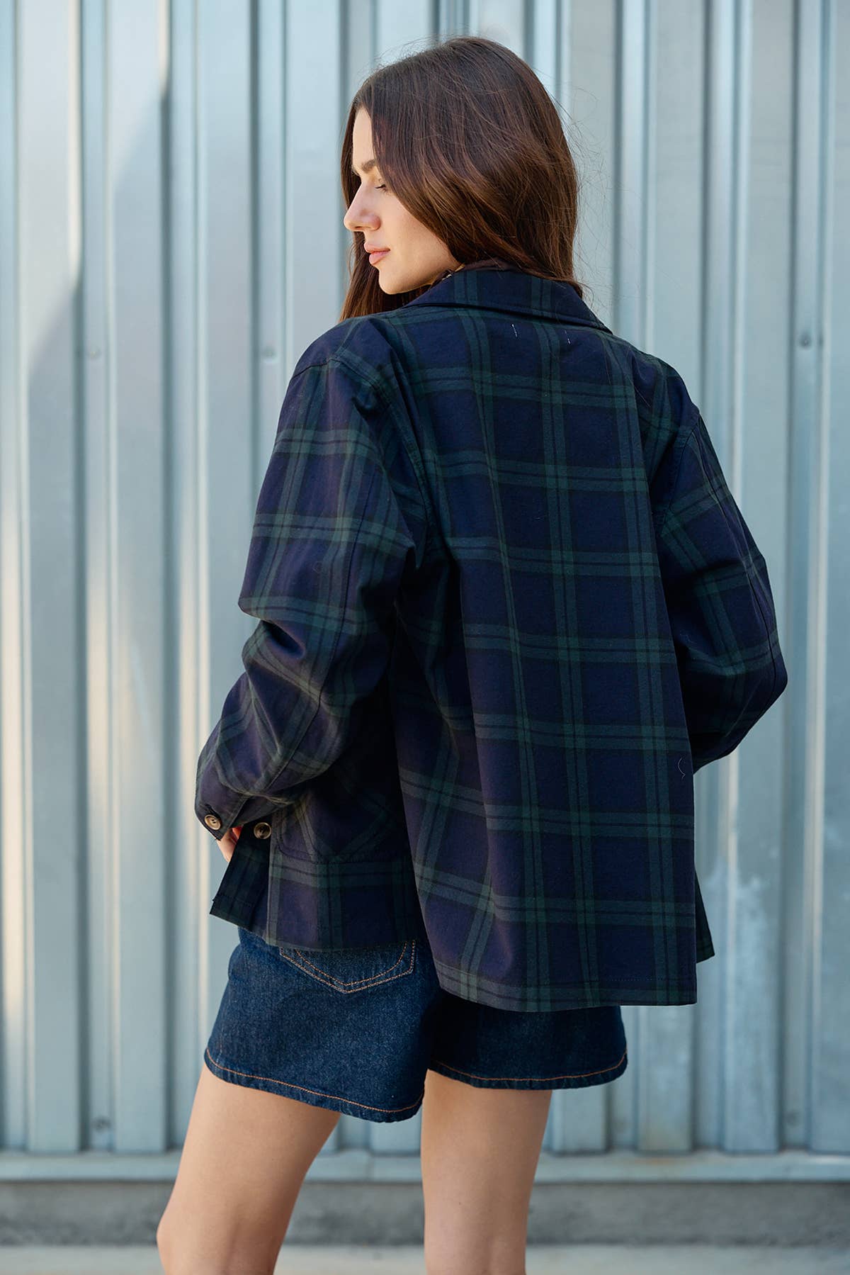 Navy Plaid Button Front Pocket Jacket - RJ1176 - Luxe EQ