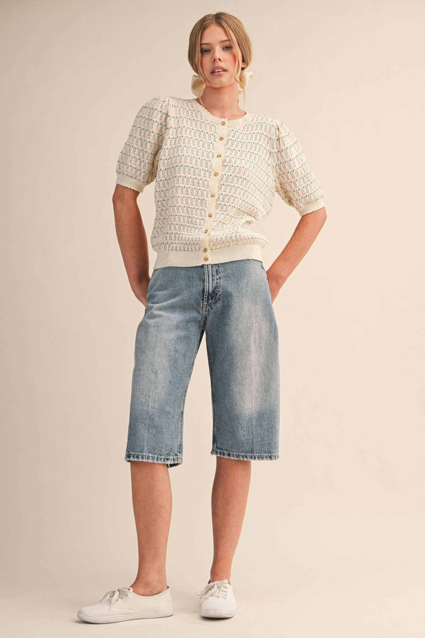 &Merci POINTELLE SHORT PUFF SLEEVE BUTTON DOWN SWEATER MSW11254 - Luxe EQ