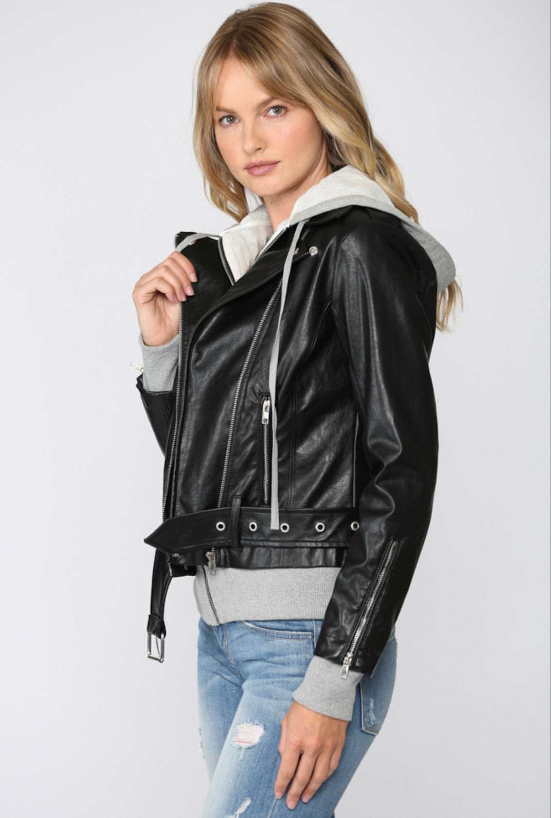 Fate Faux Leather Jacket with Knit Hoodie