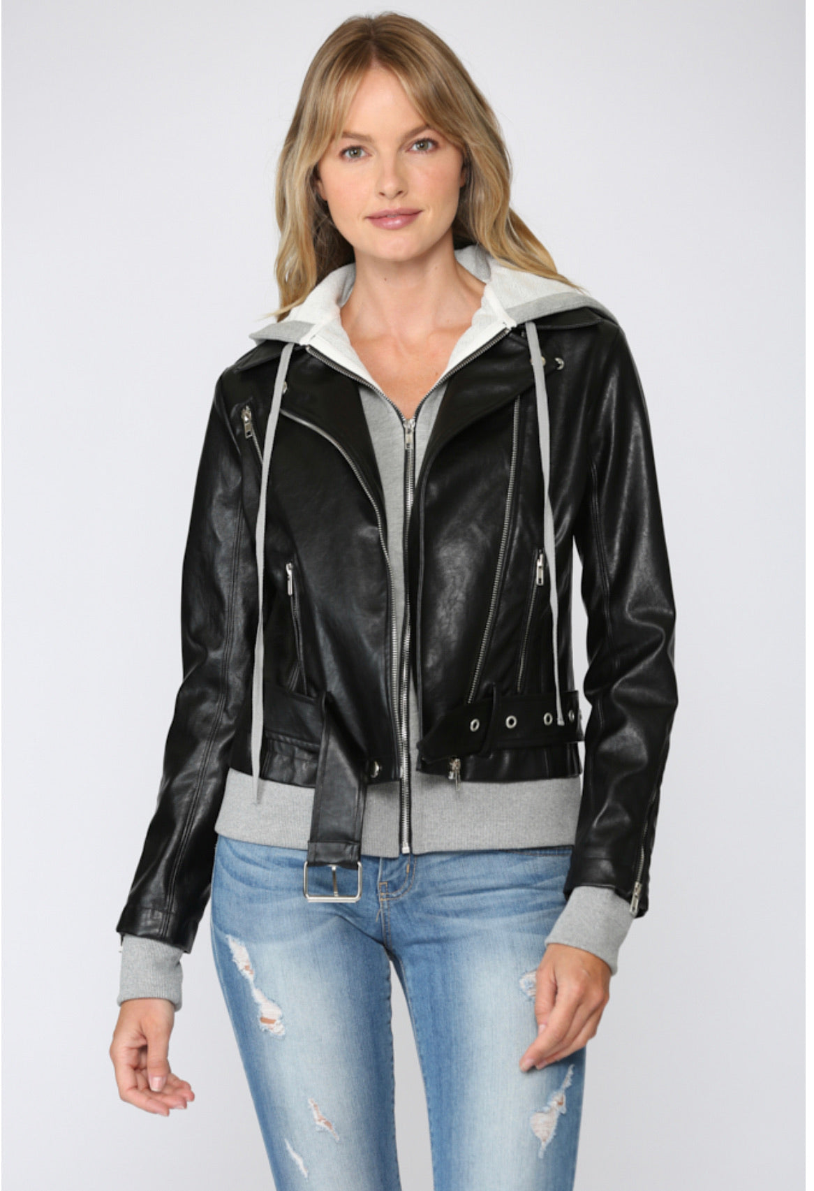 Fate Faux Leather Jacket with Knit Hoodie – Luxe EQ