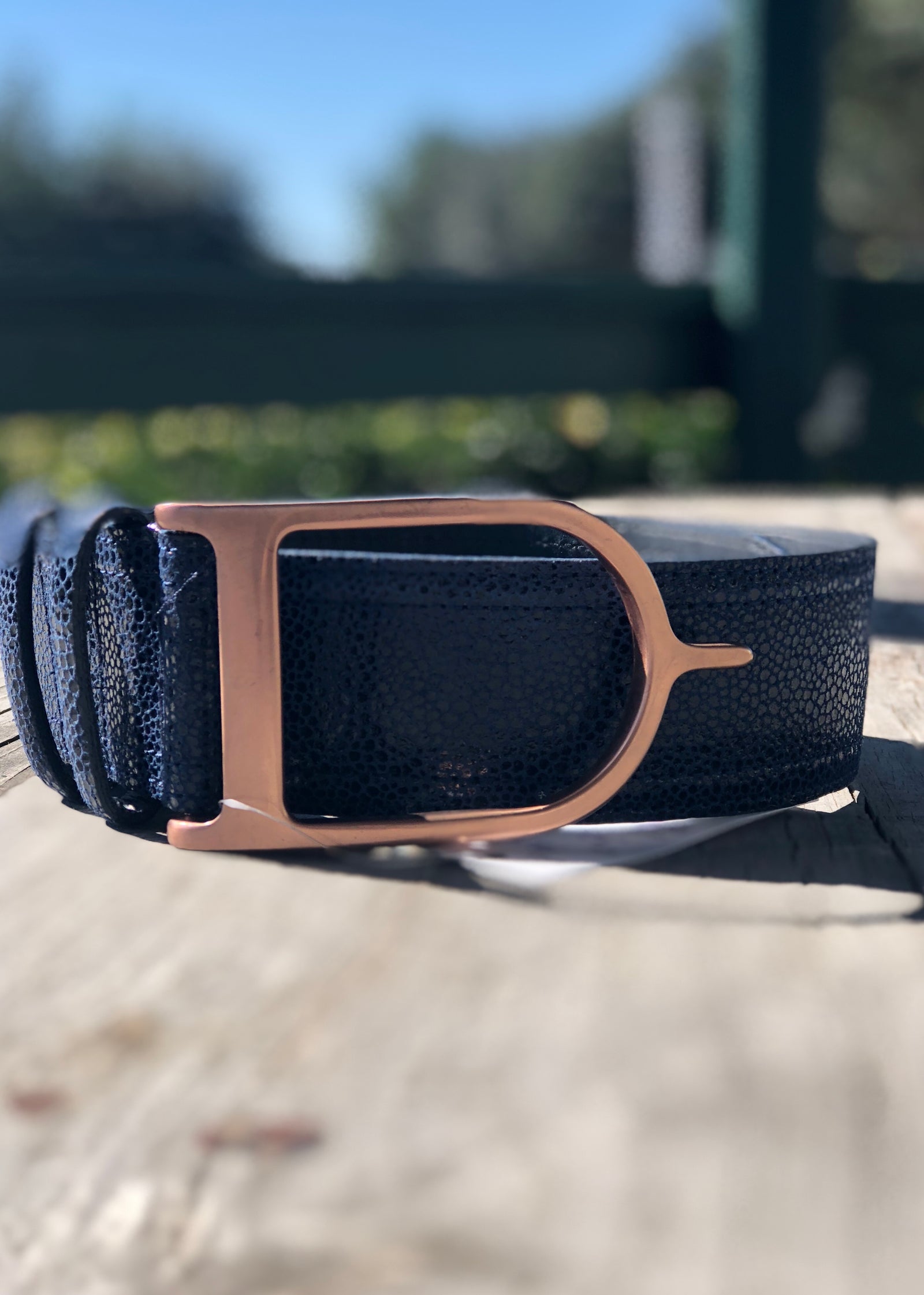 Duftler Spur Belt Navy Micro Dot with Rose Gold Buckle - Luxe EQ
